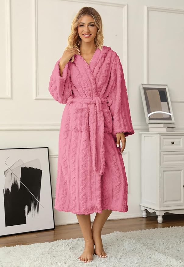 Umeyda Girls & Womens Twist Fleece Robes, Hooded Soft Warm Bath Robe for Kids Womens Fuzzy Bathrobe for Gifts