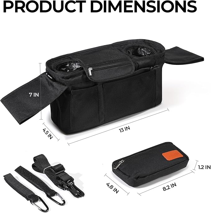 WUUTER Stroller Organizer with Cup Holder Detachable Wristlet Large Capacity Baby Stroller Bag for Mom, Fits Uppababy, Baby Jogger, Britax, BOB, More (Black)
