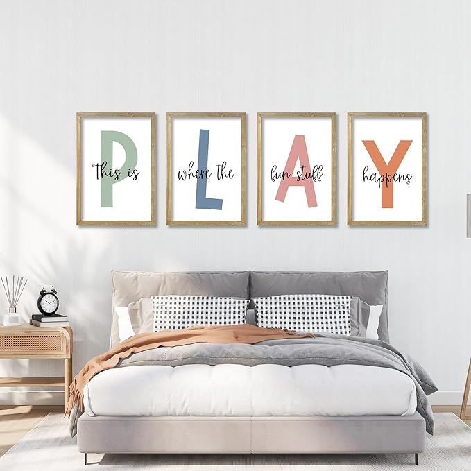 This Is Where The Fun Stuff Happens Kids Playroom Wall Art Decor 16x11 Inch Set Of 4 Rustic Kids Wood Framed Sign Toddler Modren Nursery Interesting Let's Play Prints Wall Hanging (Wood)