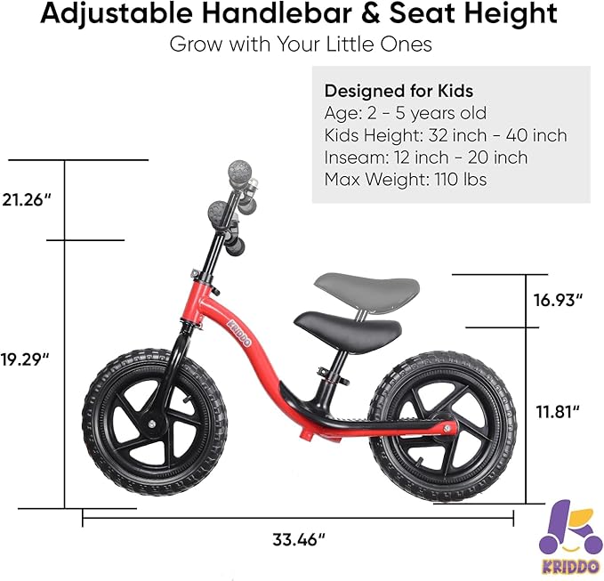 KRIDDO Toddler Balance Bike 2 Year Old, Age 24 Months to 5 Years Old, Early Learning Interactive Push Bicycle with Steady Balancing, Gift Bike for 2-5 Boys Girls, Red