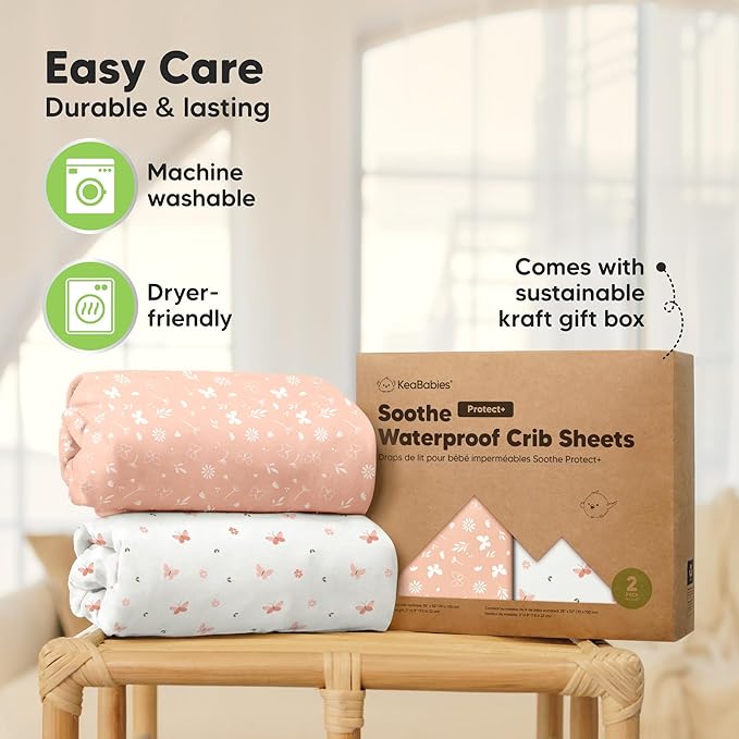 2-Pack Waterproof Crib Sheets for Girl, Boy - Organic Cotton 52X28 Fitted Crib Sheets Neutral, Crib Mattress Protector Sheets, Soft Toddler Bed Sheets, Washable Infant Baby Crib Sheets (Butterflies)