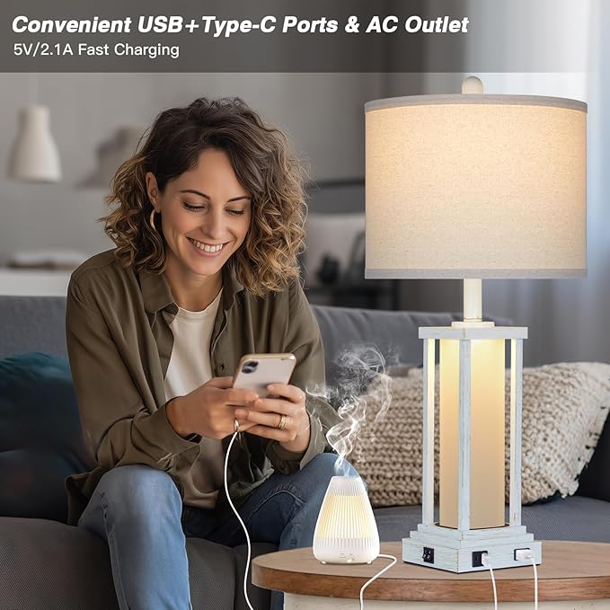 Cinkeda 27" Tall Vintage Table Lamp Set of 2 with USB C+A & Outlet,Nightstand Lamp for Living Room,Bedside Lamps with Frosted Glass Night Light for Bedroom Entryway,White