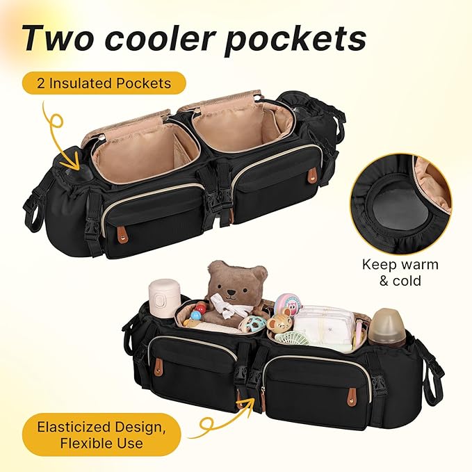Boomistry Double Stroller Organizer for Bob Duallie and Baby Jogger City Mini GT2, Double Stroller Caddy Organizers with Cup Holder and 2 Cooler Pockets Parent Console Double Stroller Accessories