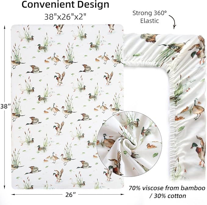 LifeTree Pack and Play Sheets Fitted for Baby, 38" x 26" x 2" Muslin Playard Mattress Pad Cover,70% Viscose from Bamboo and 30% Cotton, Mallard Duck Pattern