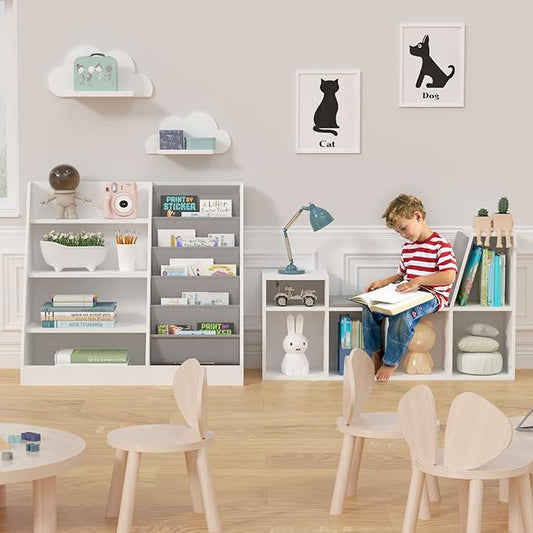 HedoAjim 4 Tier Kids Wooden Bookshelf, 5 Layer Sling Toddler Bookcase,Baby Storage Book Rack,Book and Toy Organizer Cabinet,Children Book Display,Playroom Nursery Classroom Kid Room