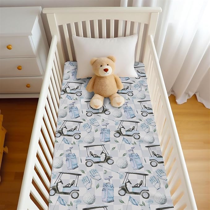 Golf Cart Gloves Bag Flag Blue Plaid Baby Crib Sheet for Boys Girls 52x28Inch Golfing Gear Sport Baby Sheet for Standard Crib and Toddler Bed Mattress Golfs Lovers Gift Nursery Bed Mattress