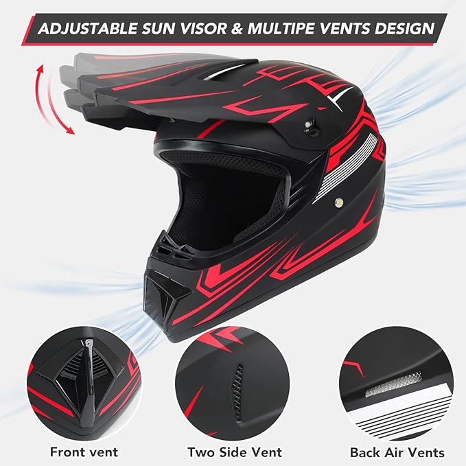 Youth Dirt Bike Helmet,Kids Motocross Full Face Helmets,Mountain Bike BMX MX ATV Girls Motorcycle Helmet for Kids 8-14 with(Goggles,Gloves,Mask) 4-Pcs Set,DOT Approved(Red,L)