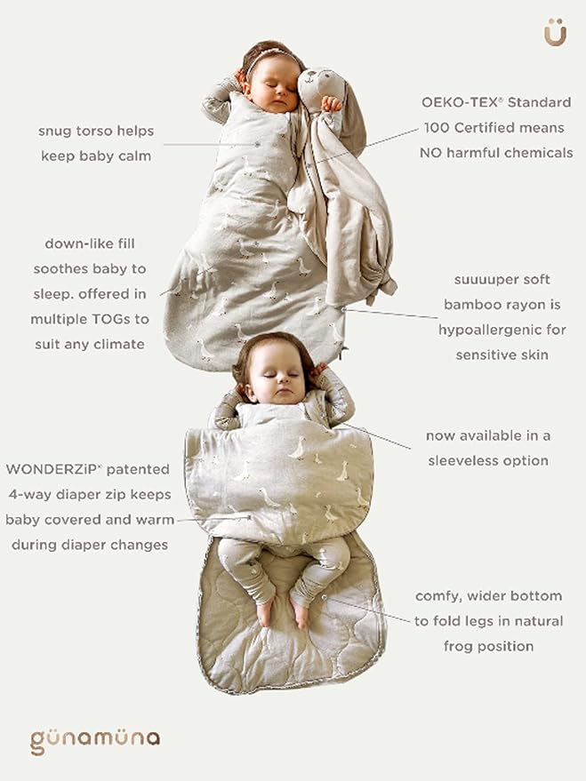 GUNAMUNA Long-Sleeve Transitional Swaddle Sleep Bag 2.5 TOG – Soothes Infants 3-6 Months, Easy Diaper Changes with WONDERZiP