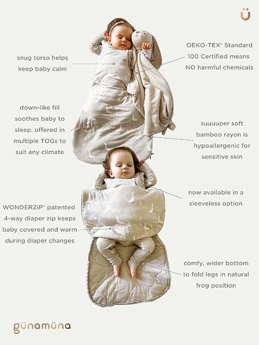 GUNAMUNA Long-Sleeve Transitional Swaddle Sleep Bag 2.5 TOG – Soothes Infants 3-6 Months, Easy Diaper Changes with WONDERZiP