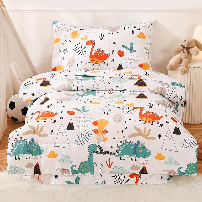 JSD Dinosaur Toddler Bedding Set, 4 Piece Bed-in-a-Bag Toddler Comforter Sheet Set, All Season Machine Washable