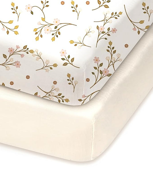 Pack and Play Sheets Fitted, Pink Vintage Floral&Beige, Soft and Safe, Hypoallergenic, 2 Pack for Baby Girls