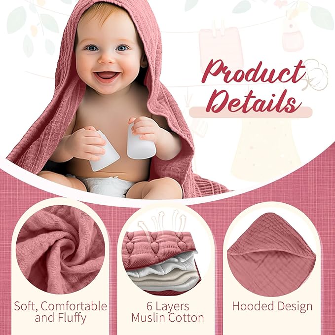 VitalCozy 8 Pcs Baby Muslin Hooded Bath Towels and Washcloths Muslin Cotton Hooded Baby Towels Absorbent Blankets for Gift Newborn Infant Shower (32 x 32 Inch,Elegant Color)
