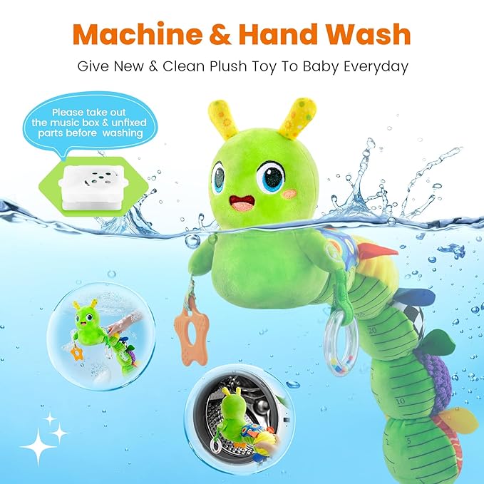 Baby Toys 0-6 Months, Washable Baby Musical Caterpillar Toys with 10 Kid's Songs,Rattles,BabyTeething Toys,Suitable for 0-6, 6-12 Months Infant Tummy Time Toy,Newborn Baby Boy&Gril Gifts (Green)
