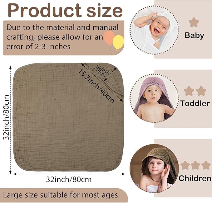 Peryiter 4 Pcs Muslin Hooded Baby Towels, 32x 32'' Cotton Newborn Bath Towel Muslin Infant Baby Blankets Absorbent Unisex Christmas Registry Gift Essentials for Girls Boys (Coffee)