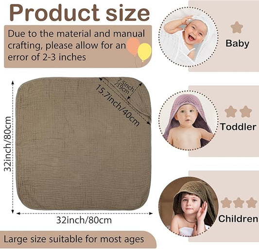 Peryiter 4 Pcs Muslin Hooded Baby Towels, 32x 32'' Cotton Newborn Bath Towel Muslin Infant Baby Blankets Absorbent Unisex Christmas Registry Gift Essentials for Girls Boys (Coffee)