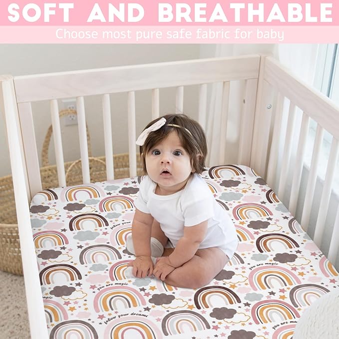 Colorful Boho Rainbow Baby Crib Sheet 52''x28'' Cute Rainbow Clouds Stars Fitted Crib Mattress Cover for Boy Girl Soft Bed Sheet for Standard Size Crib and Toddler Mattresses