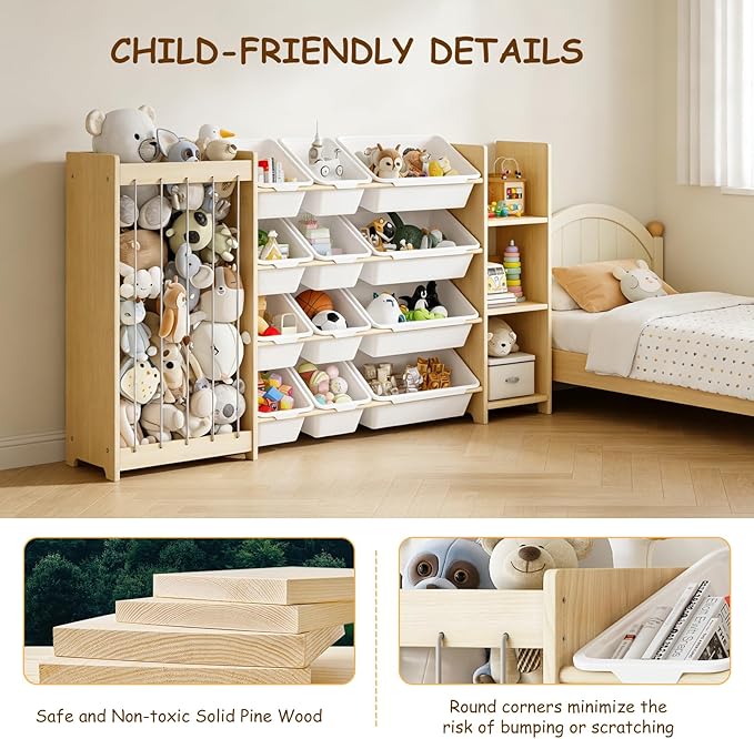 EXPERLAM 3-in-1 Toy Storage Organizer, Stuffed Animal Holder & 3-Tier Bookcase, Solid Wood Toy Organizer with 12 Storage Bins, Space-Saving Toy & Book Shelf for Kids Rooms, Bedroom, Playroom, White
