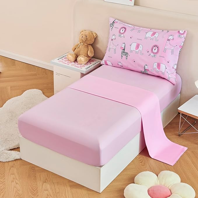 URBONUR 4-Piece Toddler Bedding Set - Ultra Soft Cartoon Pink Zoo Animals Girls Toddler Comforter Set - Include Comforter, Flat Sheet, Fitted Sheet and Reversible Pillowcase, Pink Animal