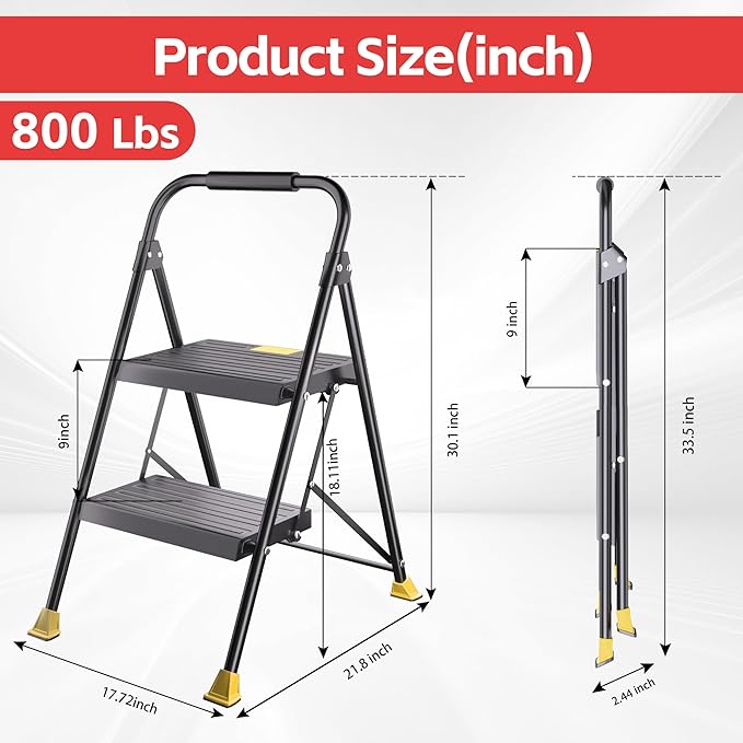 Foldable Stepstool Stair Ladders - 2-Stepping Extension Tall Heavy Duty with Handrails, 800Lbs for Home Adults Kitchen, Closet Indoor House Extendable Step Ladder Stool