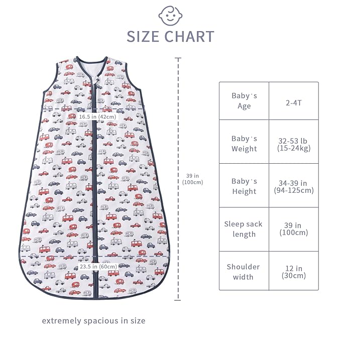 Baby Sleep Sack 2-4 T 95% Rayon from Bamboo 5% Spandex Boys & Girls Wearable Blanket 1.0 TOG Toddler Sleeping Sack 2- Way Zipper X-Large Car Truck