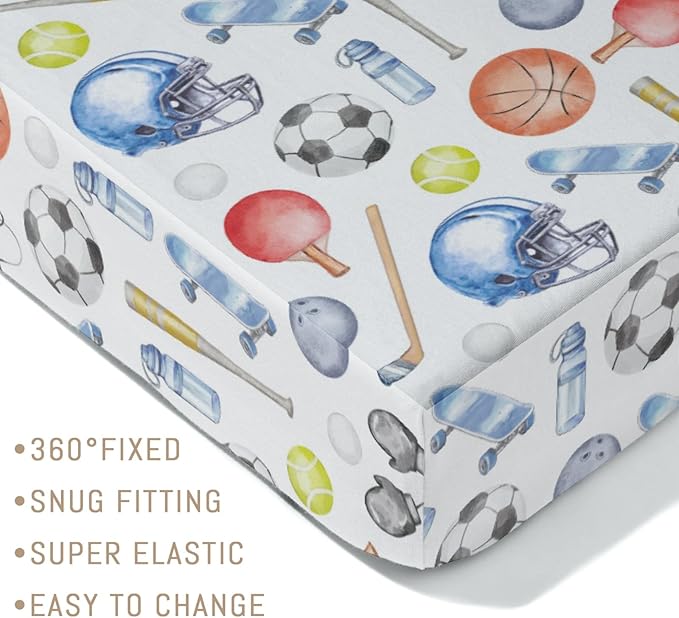 Watercolor Sport Baby Crib Sheets for Boys Soccer Basketball Baseball Golf Tennis Soft Snug Fitted Crib Mattress Covers for 52''x28'' Standard Crib & Toddler Mattress Boys Sports Lovers Gift Bed Sheet
