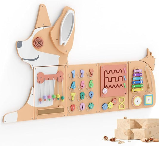 BlueWood Wooden Wall Busy Board Panels, Toddler Learning Activity Center, Montessori Philosophy Sensory, Educational Toys, Conducive to All-Round Development - Corgi