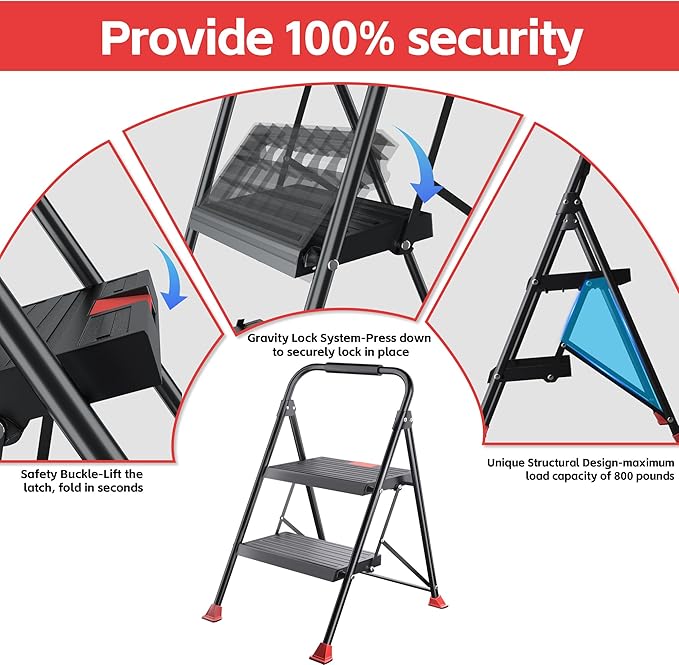 Foldable Step Ladder Stool - 2-Stepping Extension Tall Heavy Duty with Handrails, 800Lbs Capacity for Home Adults Kitchen, Closet Indoor House Extendable Stepstool Stair Ladders