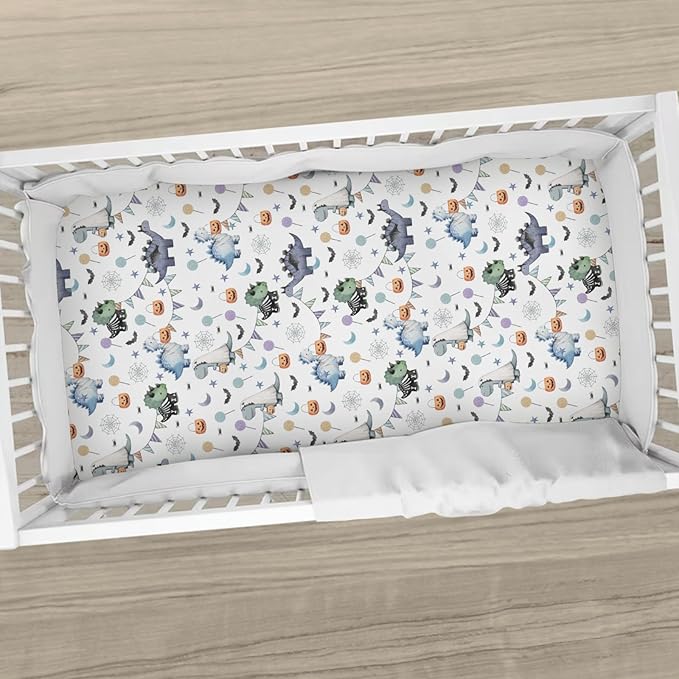 Cute Halloween Dinosaurs Baby Crib Sheets Spooky Dinosaur Pumpkin Bats Fitted Crib Mattress Cover for Standard Crib Toddler Mattress Halloween Night Baby Sheet 28x52in