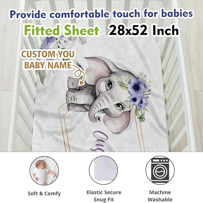 2-Piece Personalized Crib Bedding Set for Girls Boys, Including Double Layer Blanket, Crib Sheet, Infant Elephant Theme Set with Custom Name, Cozy and Durable Crib Set