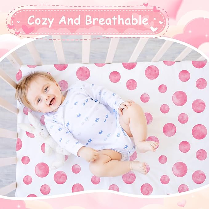 2 Pack Crib Sheets for Girls, Pink Baby Girl Crib Sheets, Bow Bed Sheet Set, 52'' x 28'' for Standard Crib Mattress, Stretchable Soft Toddler Aesthetic Nursery Decor (Crib)
