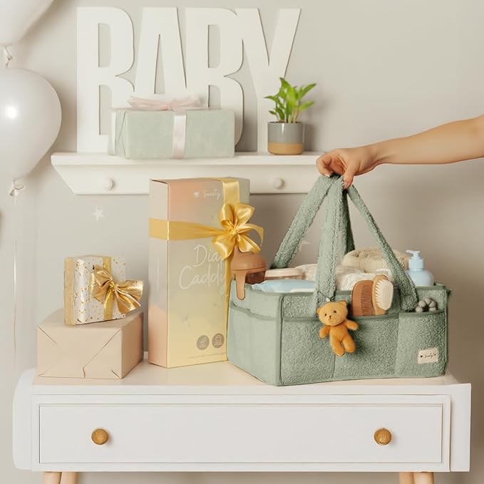 Sweety Fox Baby Diaper Caddy Organizer with Handle - Portable Sherpa Nursery Basket - Car Diaper Organizer, Cleaning Caddy, Gift for Baby Shower - Green