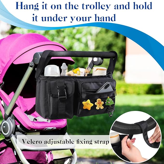 Stroller Organizer with Insulated Cup Holder,Universal Toddler Stroller Organizer Bag Caddy,Zippered Pockets for Phone,Adjustable Straps,Stroller Accessories,for Men,Women,(Balck)