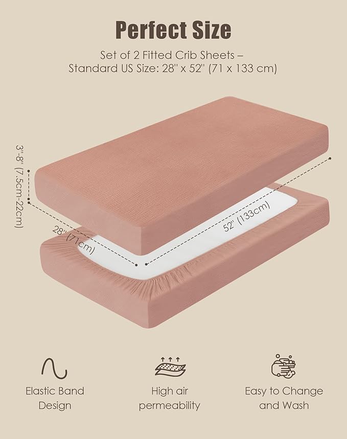 SWEET DOLPHIN 2-Pack Muslin Crib Sheets for Boys & Girls, Ultra Soft Breathable 40S Long-Staple Cotton Fitted Baby Sheets for Standard Crib Mattress 52"x28", Light Bean Paste- Nursery Essentials