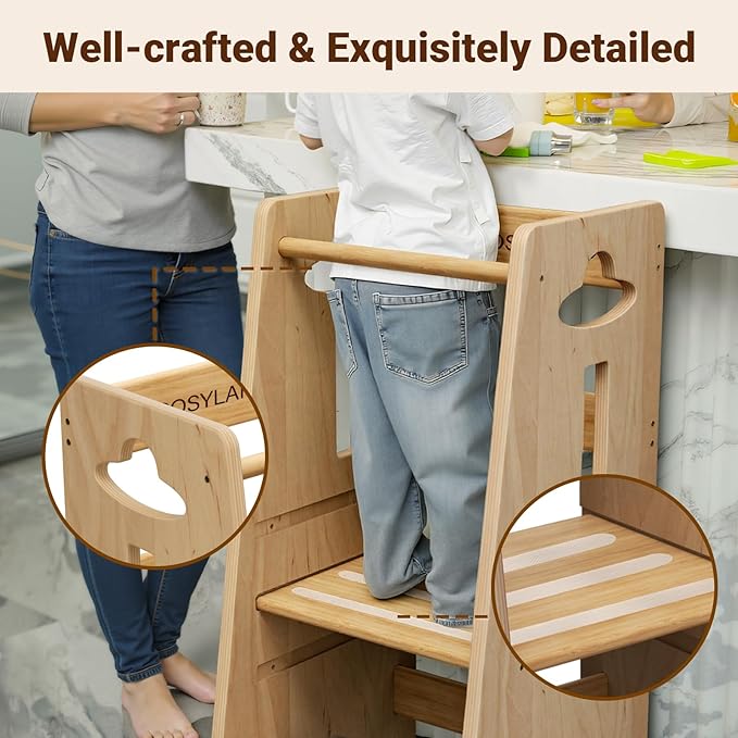 COSYLAND 3 Levels Adjustable Toddler Standing Tower - 33.5IN/85CM Stable Kids Kitchen Step Stool with Protective Crossbar - Wooden Toddler Kitchen Stool Helper(All Natural)