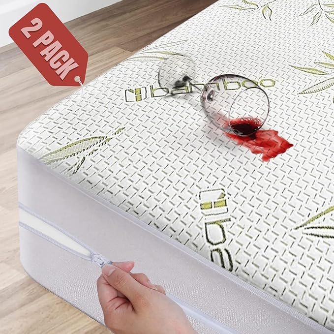 2 Pack Twin XL Bamboo Mattress Protector with Zipper - 100% Waterproof Cooling Mattress Cover - Ultra Soft Jacquard Fabric Breathable Noiseless Mattress Pad Cover - Zippered Mattress Encasement