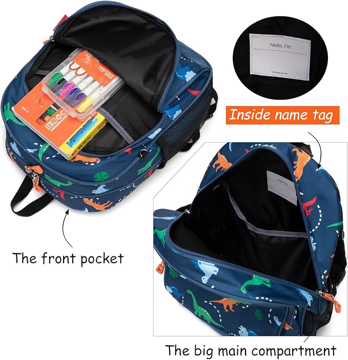 JinBeryl Toddler Backpack for Boys or Girls, Little Kids Backpack for Preschool or Kindergarten (Dinosaur Navy Blue, Small)