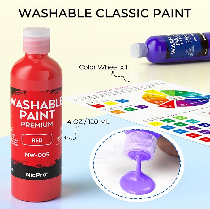 Nicpro 8 Colors Washable Paint Set for Kid (4oz,120 ml), Acrylic Bulk Paint Supplies Non Toxic Children Tempera Paint, Easy Clean Finger Paint for Art Craft DIY, Poster, School, Home,Classroom, Party
