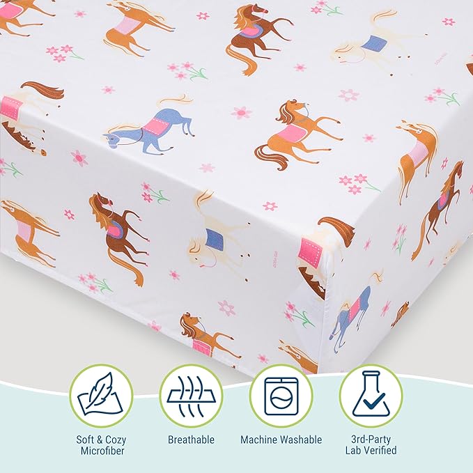 Wildkin Kids 100% Microfiber Crib Sheet – Soft, Breathable Fitted Sheet - Horses