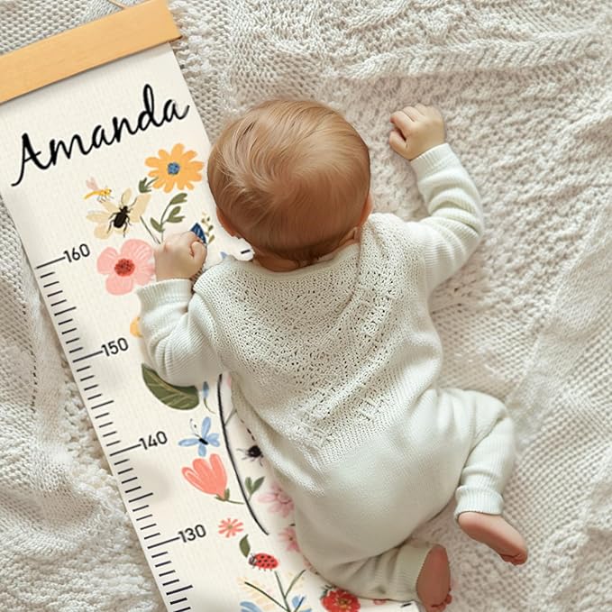 Woodemon Personalized Name Growth Chart for Kids, Flower Canvas Height Chart Ruler Removable Hanging Wall Ruler Measurement Chart for Home Decoration, Waterproof Measuring Board, Foldable