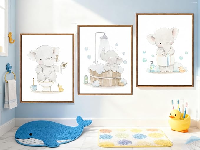 Framed. Set of three prints for bathrooms. An elephant in my bathroom wall art. Canvas Print. Funny kids Bathroom home decor. 12x16 inch.
