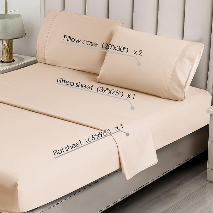 Twin Beige Sheet Set, 4 Piece Microfiber Bed Sheets，Soft Flat Bed Sheets Cover, Hotel Luxury 1800 High Thread Count Comfy Sheets, 21" Deep Pocket Fitted Sheets, Wrinkle Free