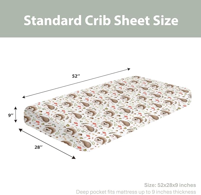 Cute Hedgehogs Baby Crib Sheets for Boy Girl 52x28Inch Hedgehog Mushroom Leaves Soft Snug Fitted Crib Mattress Cover Animal Baby Sheet for Standard Crib and Toddler Bed Mattress