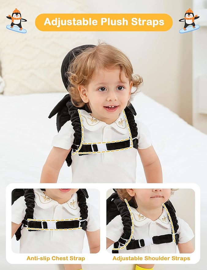 JunNeng Baby Head Protector Backpack, Toddler Walking Fall Head Protection, White Black Penguin