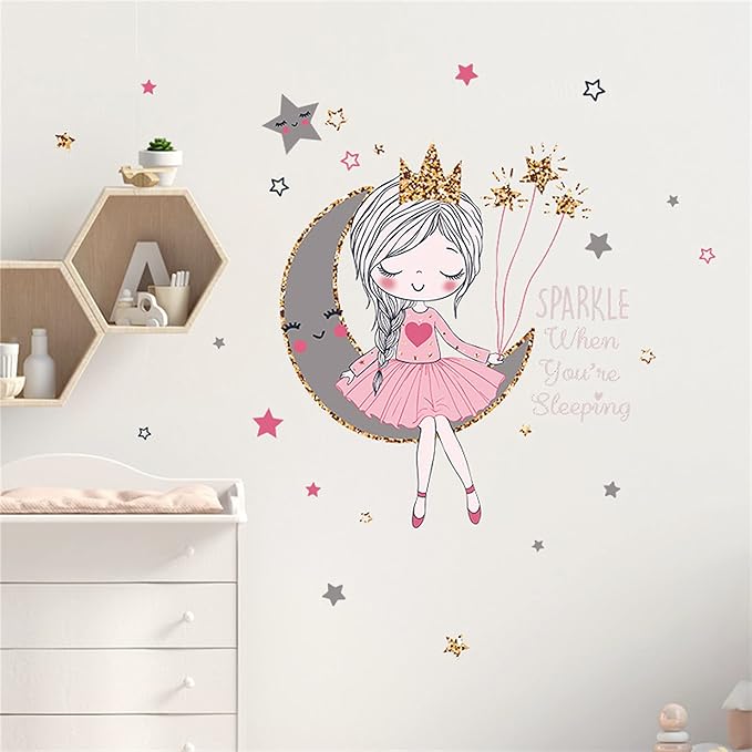 ROFARSO Colorful Cute Lovely Wall Stickers for Kids Peel and Stick Removable Wall Decals DIY Decorations Decor for Nursery Baby Girls Bedroom Playroom Living Room (Girl Sitting On The Moon)