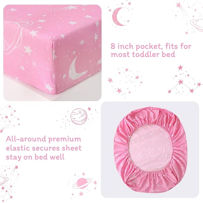 JSD Pink Moon Stars Toddler Bedding Set, 4 Piece Space Theme Bed-in-Bag Toddler Comforter Sheet Set, Machine Washable