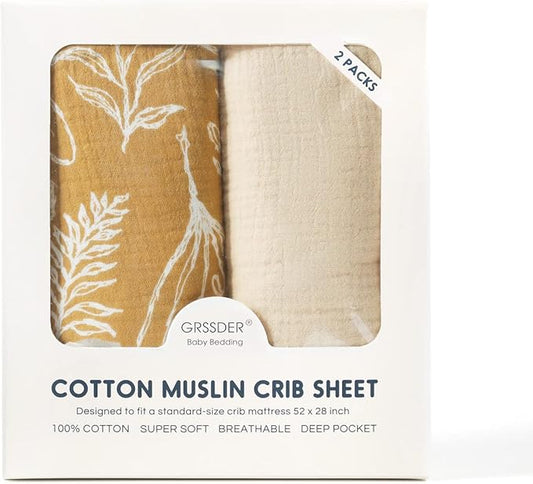 GRSSDER Soft Muslin Crib Sheet 2 Pack, 100% Cotton Crib Sheets for Boys and Girls, Fit Standard Crib Mattresses 52" x 28" Safe and Snug, Beige/Golden Autumn