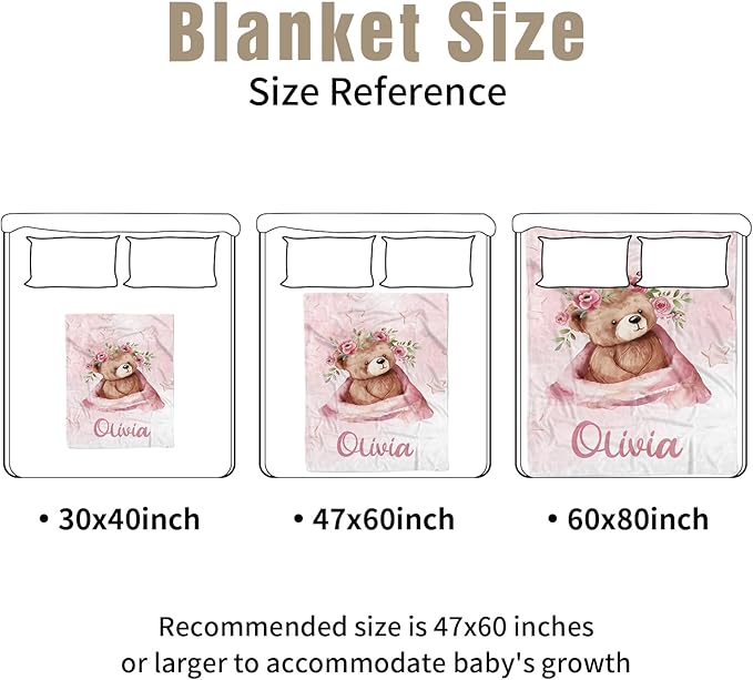Personalized Baby Crib Bedding Set, Custom Name Pink Bear Theme Baby Bedding 2-Pcs Set - Soft Double Layer Dotted Blanket and Fitted Sheet, Nursery Bedding for Newborn Boys Girls, Perfect Shower Gift