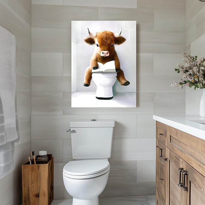 Hianan Funny Bathroom Highland Cow Canvas Wall Art, Cute Brown Cow Bathroom Wall Decor, Framed Animal Bathing Poster Prints, Retro Rustic Farmhouse Wrapped Canvas Artwork for Bathroom Restroom 16"x24"x3