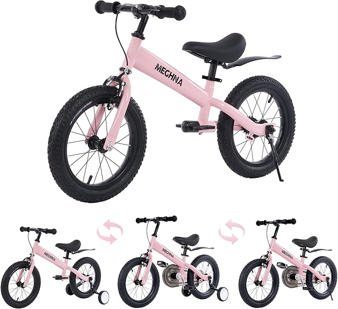 MEGHNA 2 in 1 Toddler Balance Bike 14 inch Wheel Kids Bike Aged 3-7 Years Old with Footrest Detachable Training Wheels Caliper and Coaster Brake Strider Bike for Boys Girls, Easy to Assembly