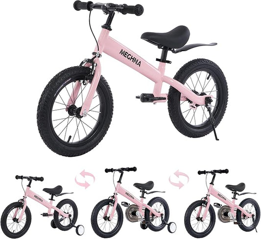 MEGHNA 2 in 1 Toddler Balance Bike 14 inch Wheel Kids Bike Aged 3-7 Years Old with Footrest Detachable Training Wheels Caliper and Coaster Brake Strider Bike for Boys Girls, Easy to Assembly